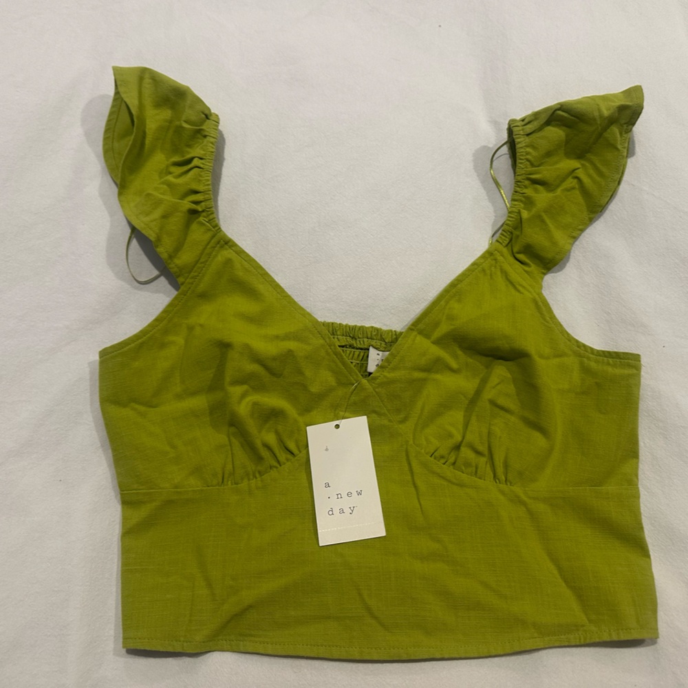 A New Day green linen blend ruffle crop top